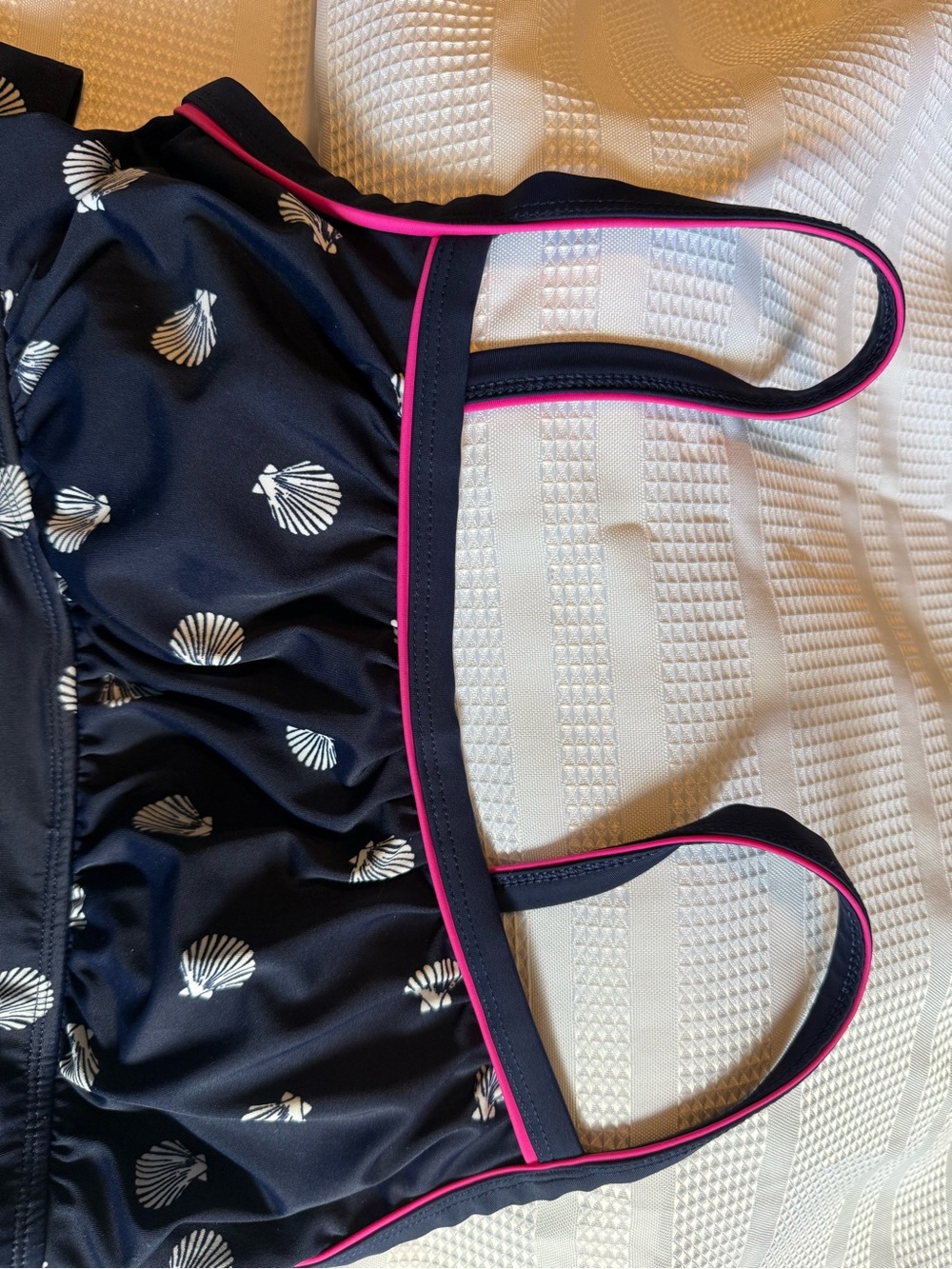 Kim Rogers Navy One-Piece Swimdress with White Shell Print and Pink Trim - Picture 5 of 9